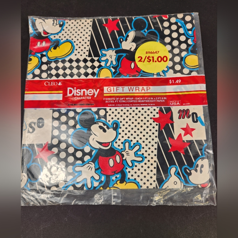 Vintage Mickey Mouse Disney Cleo Gift Wrap Wrapping Paper NEW NOS USA Gibson